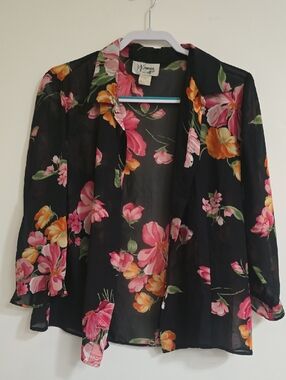 Vintage-Inspired Black Floral Sheer Blouse - 3/4 Sleeve